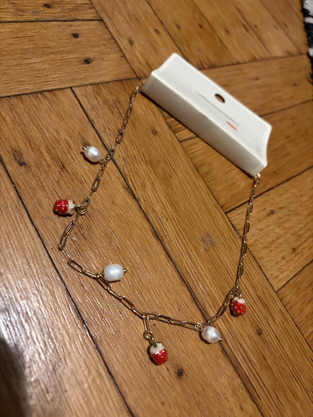 Ava & Aiden Gold Link Necklace with Red Strawberry Charms and White Pearls